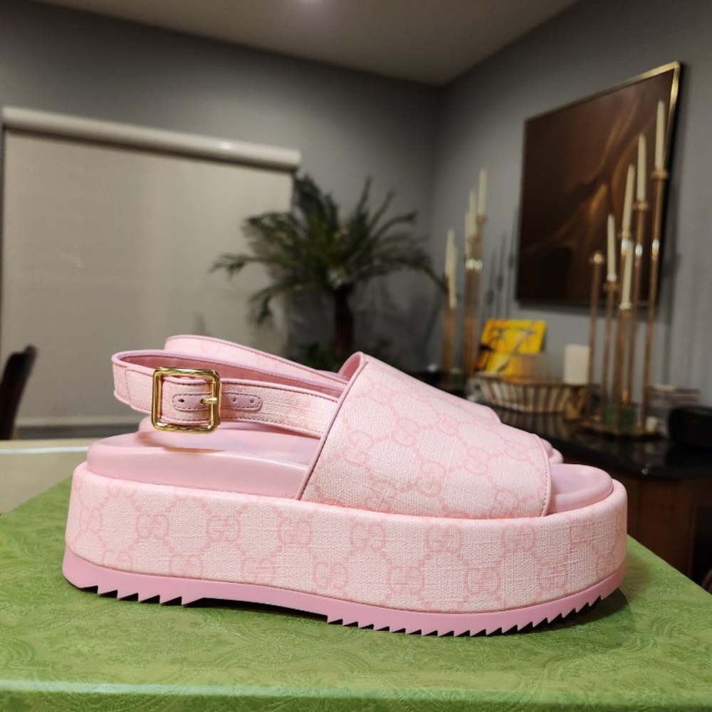 NEW Gucci Supreme Pink Monogram Coated Canvas & Leather Platform Sandal Size 37 - Picture 7 of 12